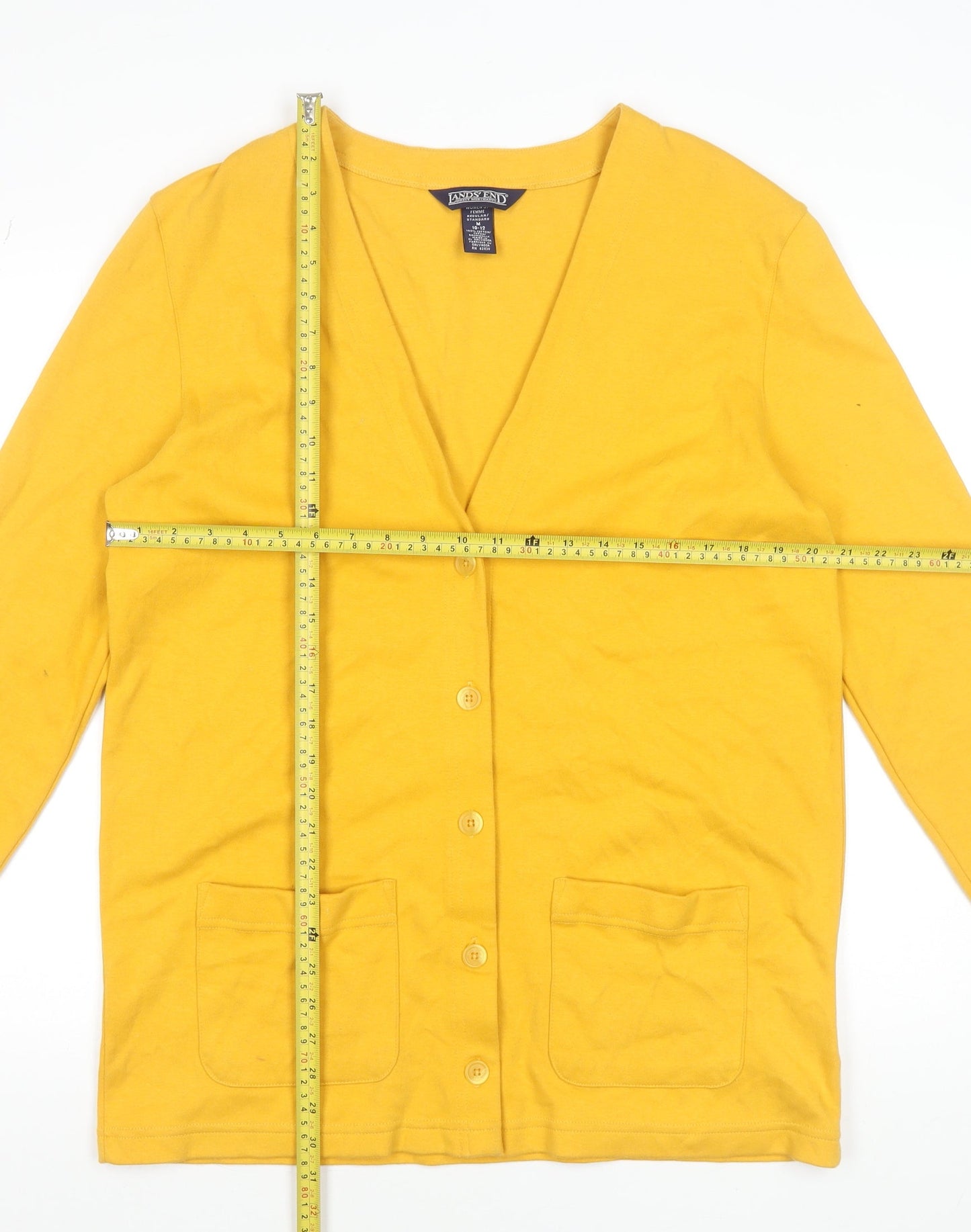 Lands' End Women's Yellow Cotton V-Neck Cardigan M 10-12