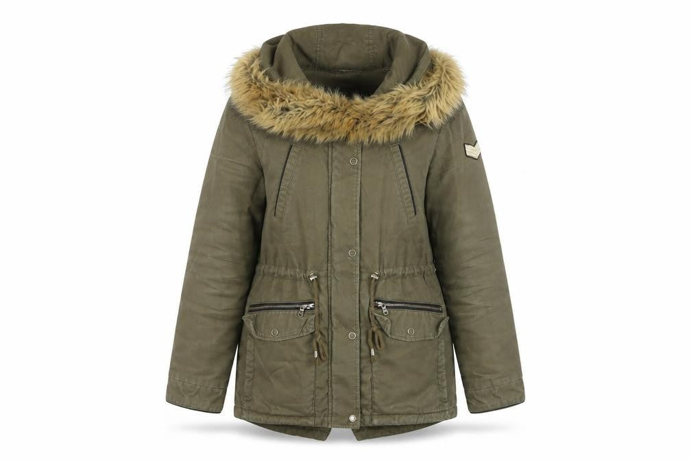 Pimkie Women's Green Fur Trim Hooded Parka Coat Size 10