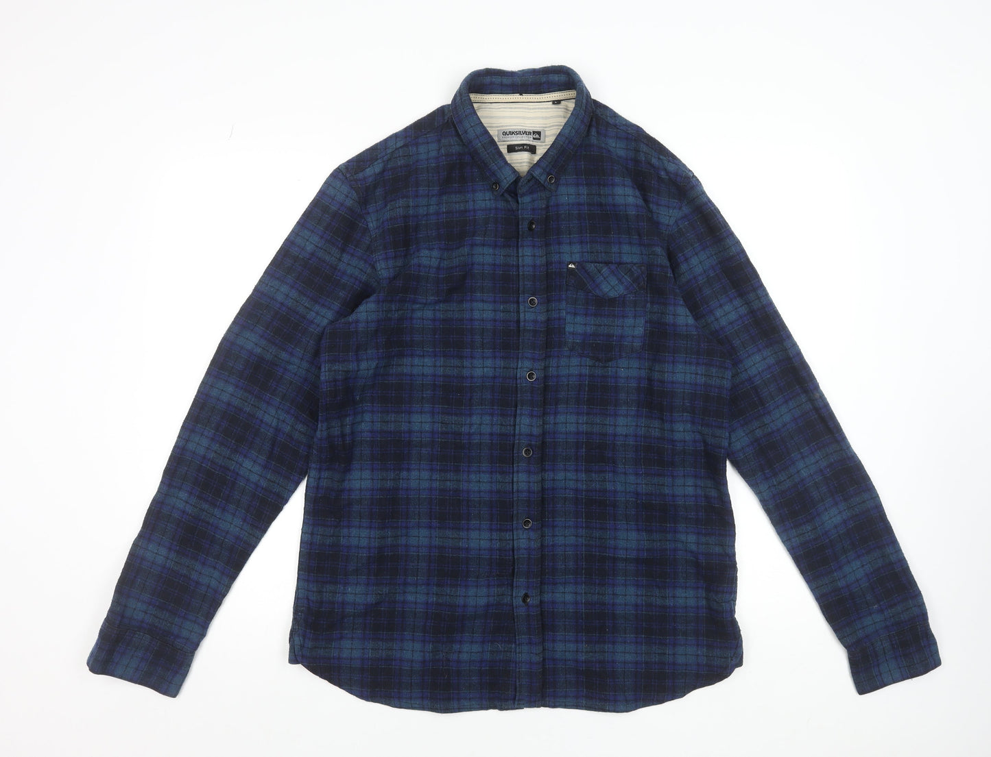 Quiksilver Men's Blue Checked Slim Fit Flannel Button-Up Shirt Size L
