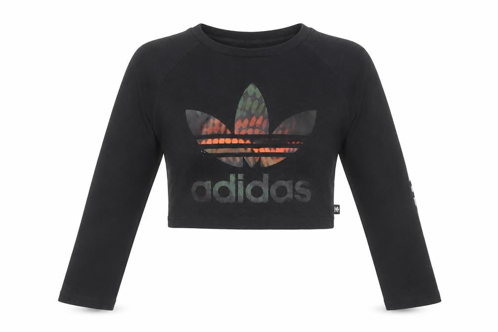 Front view of Adidas Women’s Black Cropped Long Sleeve Logo T-Shirt, size UK 10