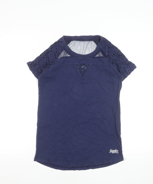 Superdry Womens Blue Lace Sleeve Short Sleeve Jersey T-Shirt Size S
