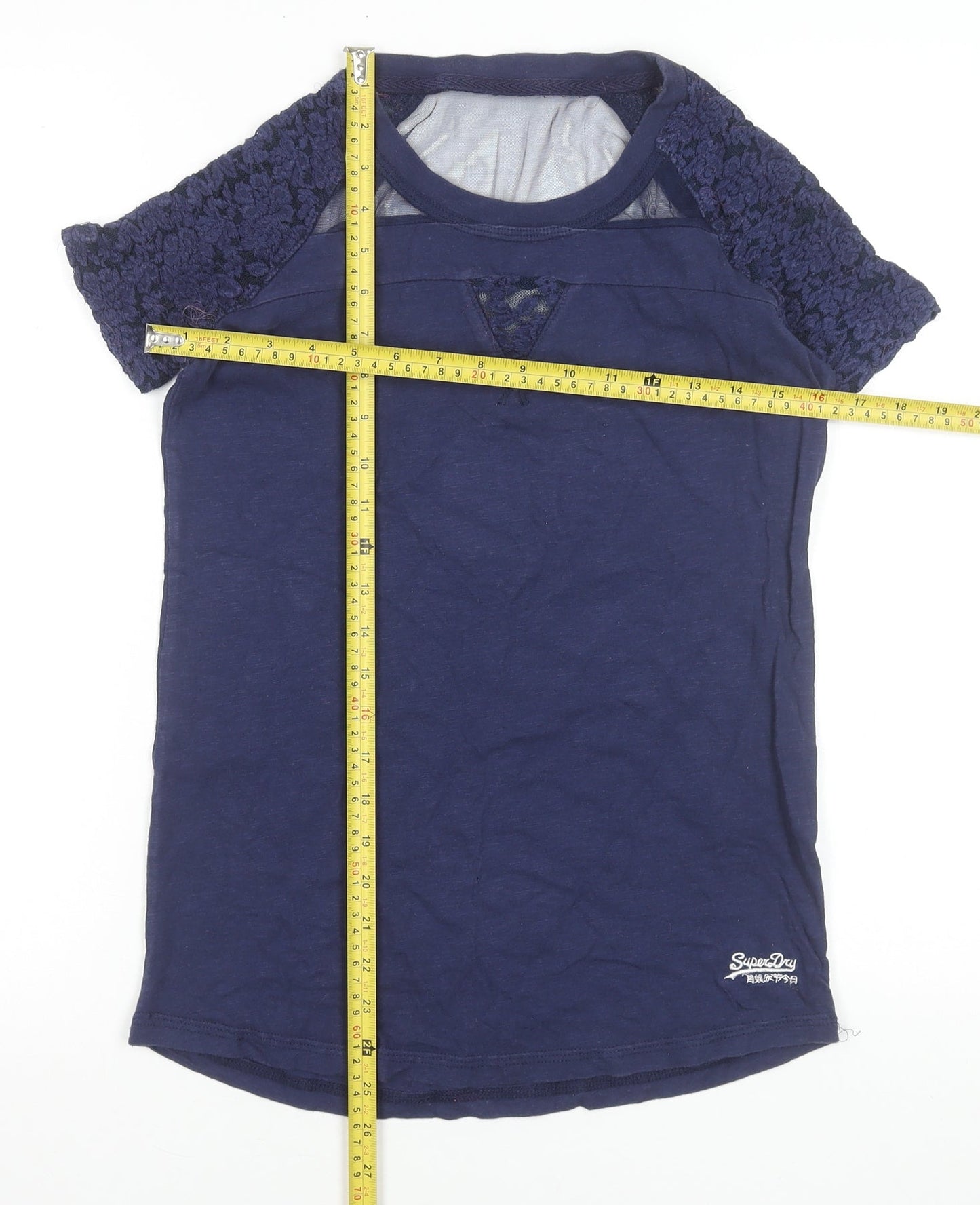 Superdry Womens Blue Lace Sleeve Short Sleeve Jersey T-Shirt Size S