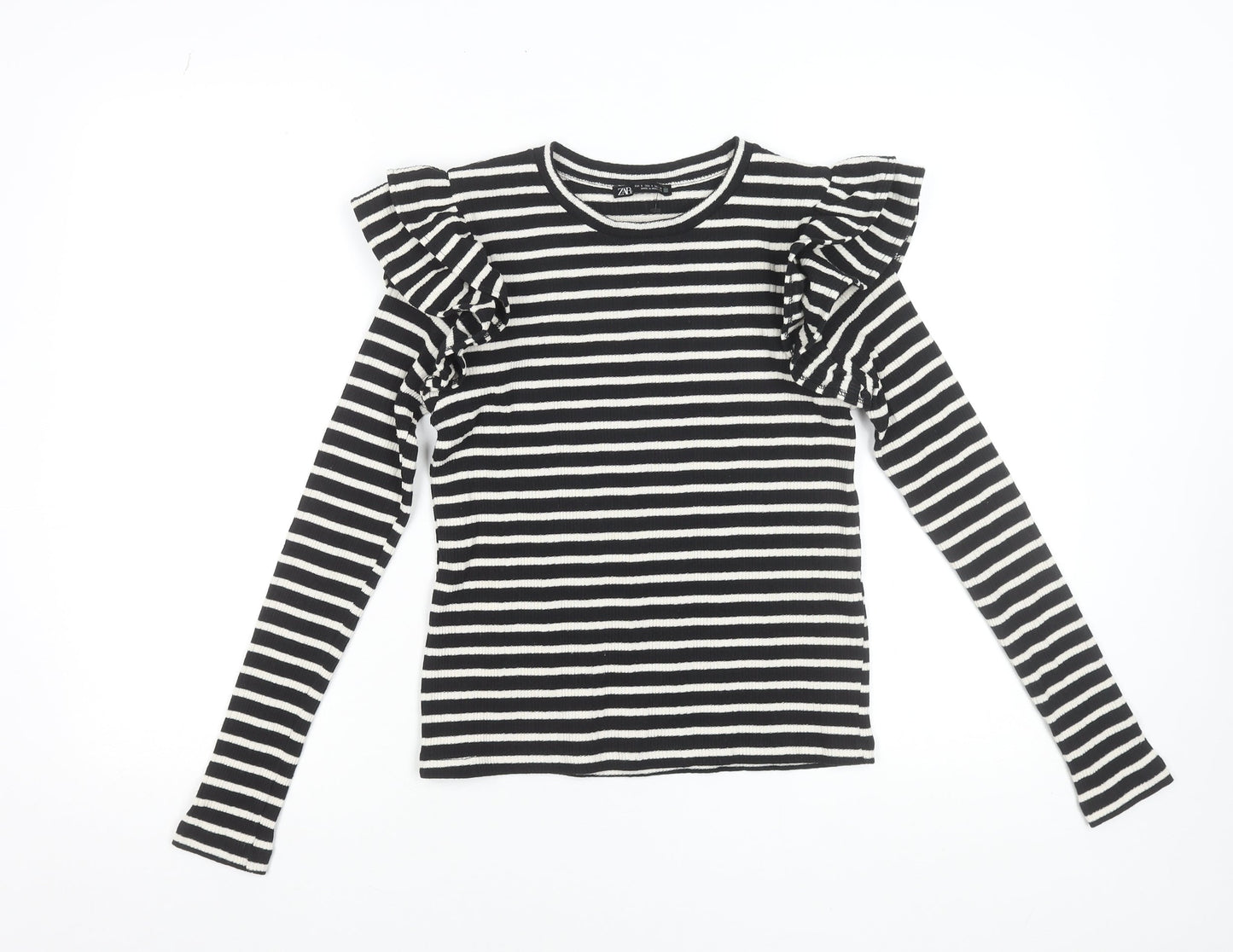 Zara Womens Black Striped Ruffle Long Sleeve T-Shirt Size S