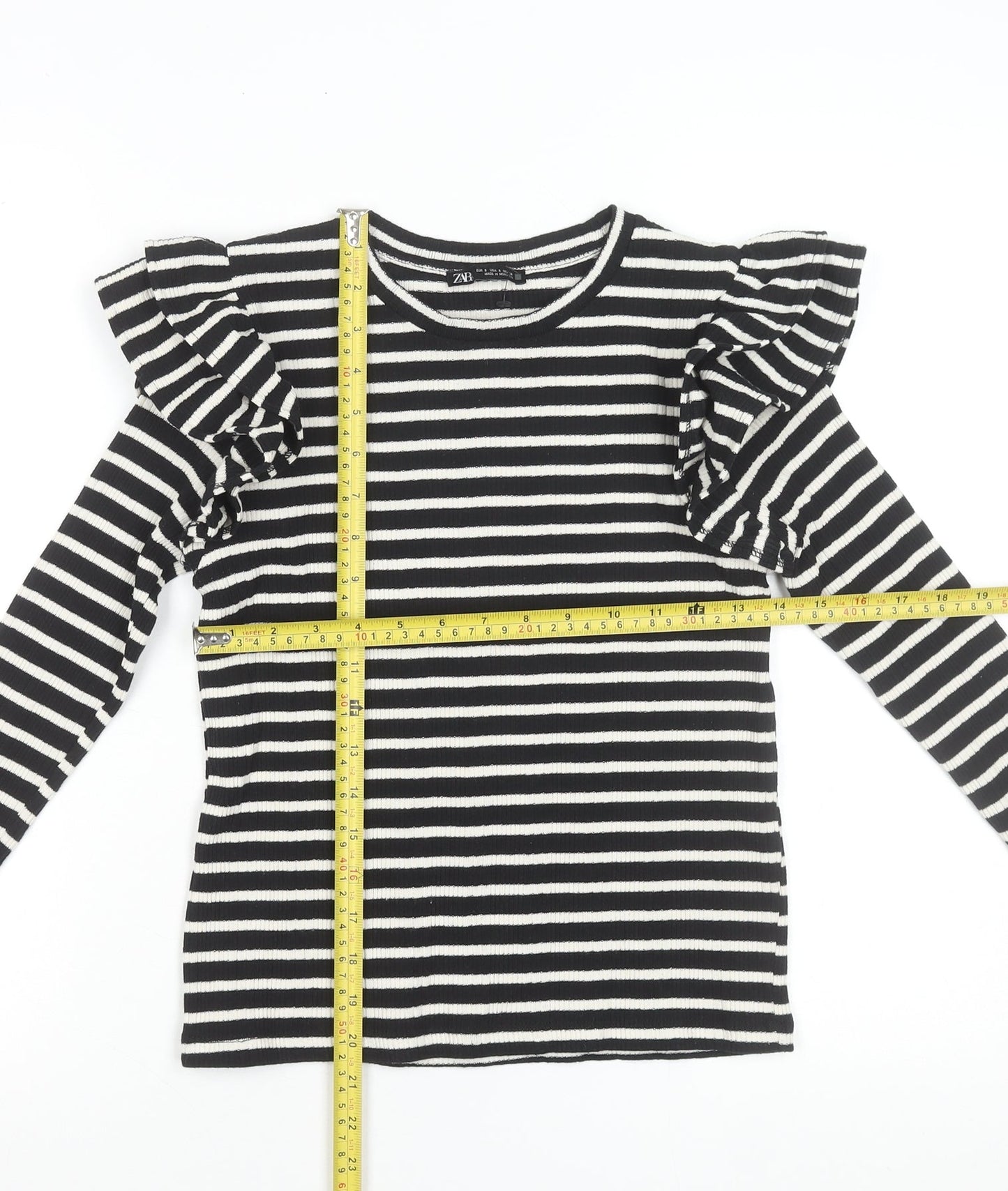Zara Womens Black Striped Ruffle Long Sleeve T-Shirt Size S