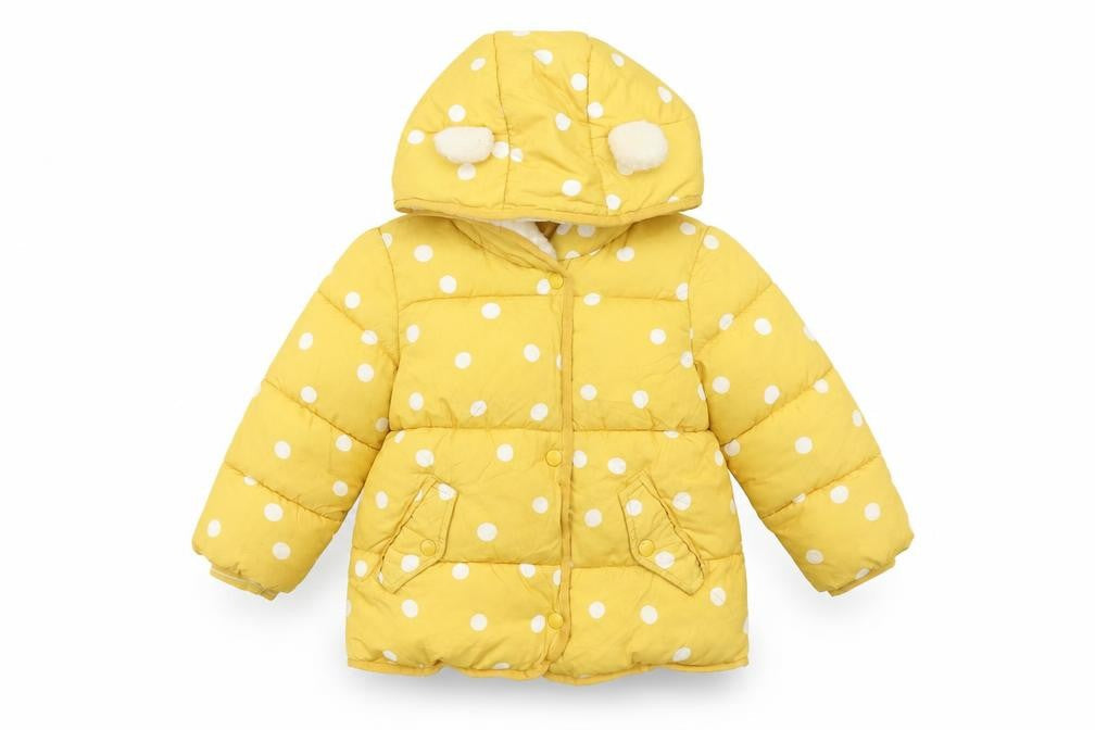 Front view of Next girls’ yellow polka dot hooded puffer jacket 2-3 years polyester
