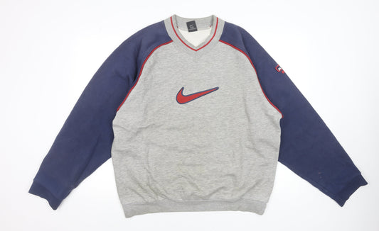 Nike Men's Grey & Navy Vintage V-Neck Sweatshirt L Regular Fit