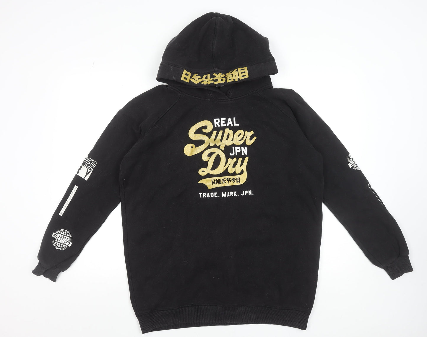 Superdry Women's Black Pullover Hoodie Size 10 S Graphic Logo Cotton Blend