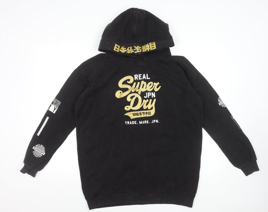 Superdry Women's Black Pullover Hoodie Size 10 S Graphic Logo Cotton Blend