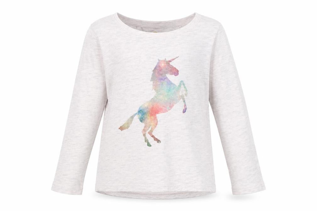 Front view of Next girls’ beige long sleeve unicorn graphic t-shirt 6 years