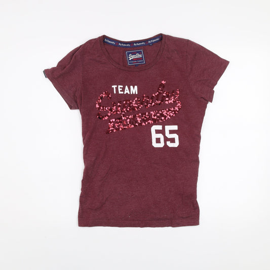 Superdry Womens Red Sequin Logo Short Sleeve T-Shirt Size L