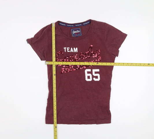 Superdry Womens Red Sequin Logo Short Sleeve T-Shirt Size L