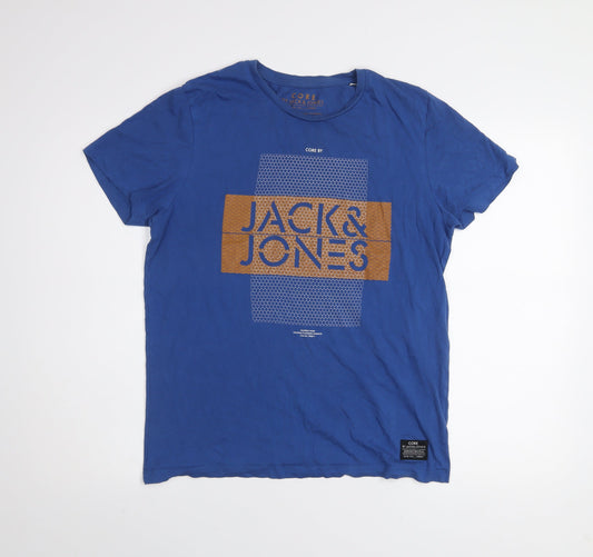 Jack & Jones Men Blue Graphic Print Cotton Crew Neck T-Shirt M