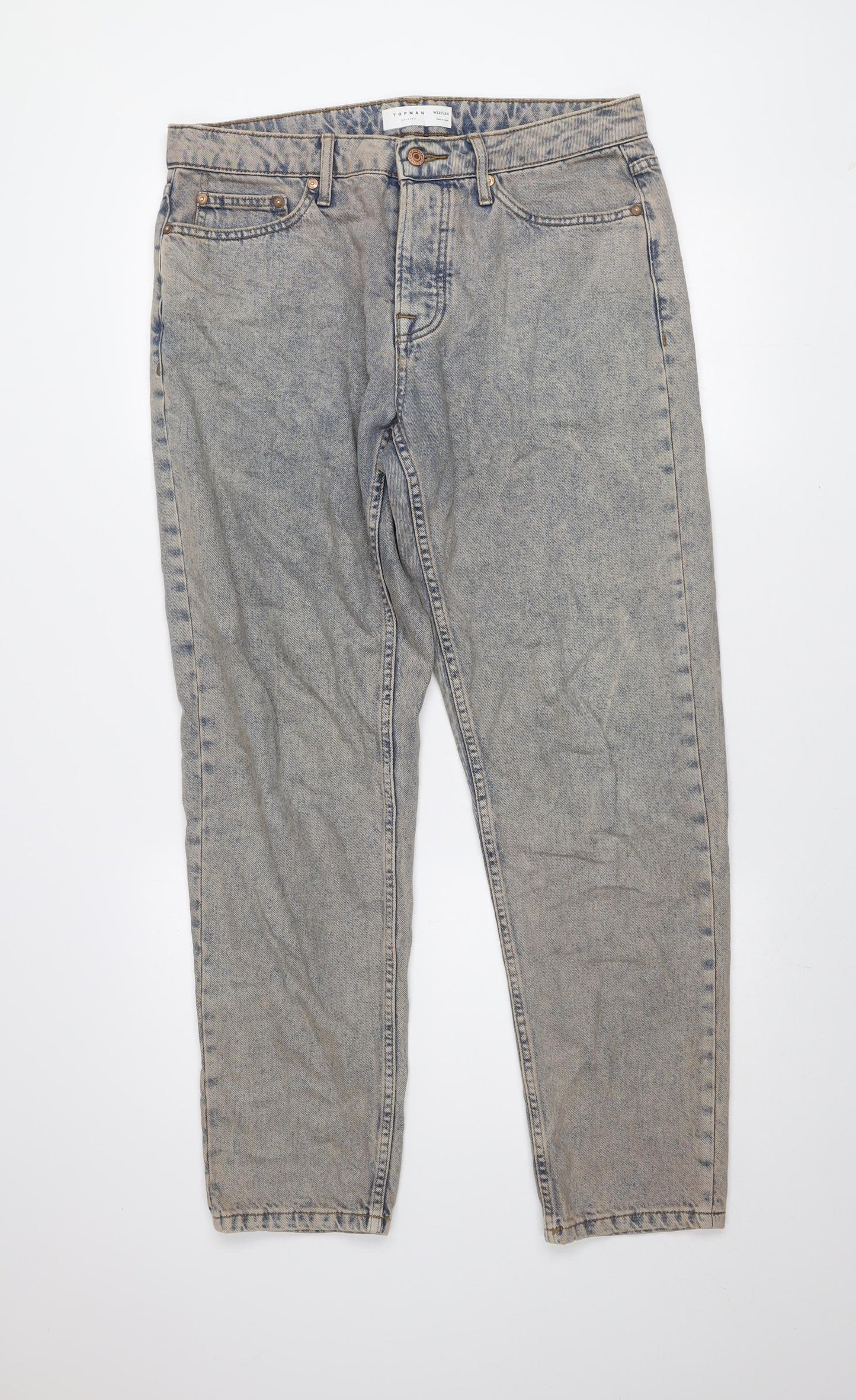 Topman Men’s Blue Acid Wash Relaxed Fit Straight Jeans W32 L34