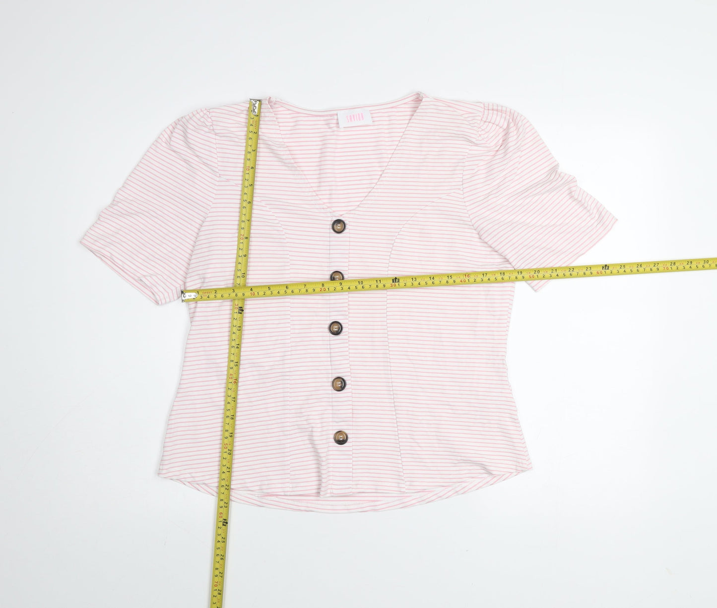 Savida Women Light Pink Striped Button Blouse Size 16 V-Neck