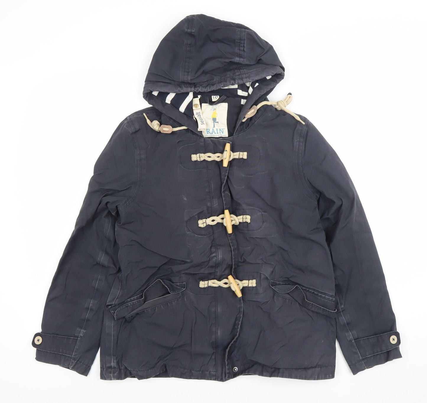 Seasalt Women Navy Hooded Duffle Rain Coat Size 10 Organic Cotton