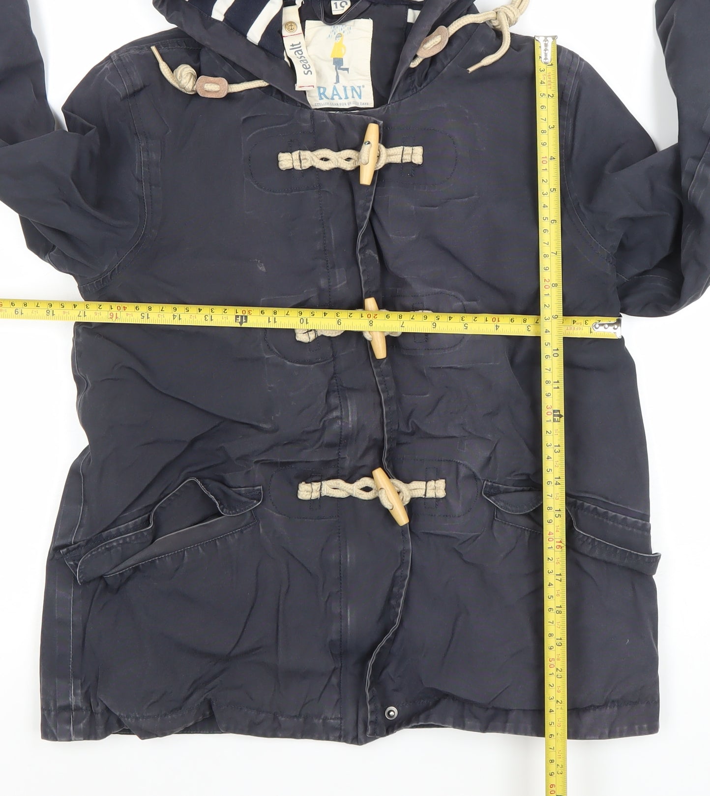 Seasalt Women Navy Hooded Duffle Rain Coat Size 10 Organic Cotton