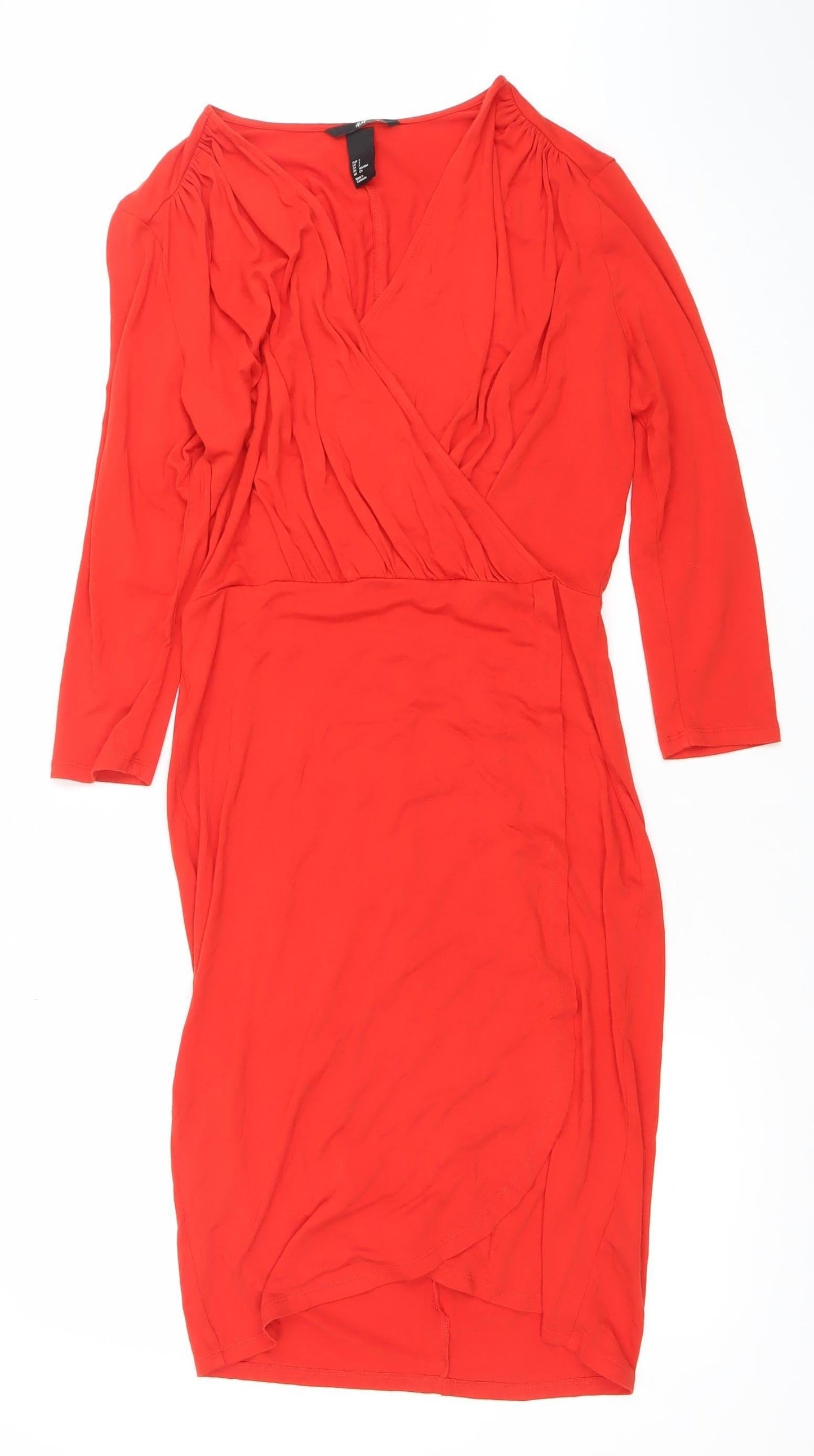 H&M Women’s Red Bodycon Knee Length V-Neck Dress Size S