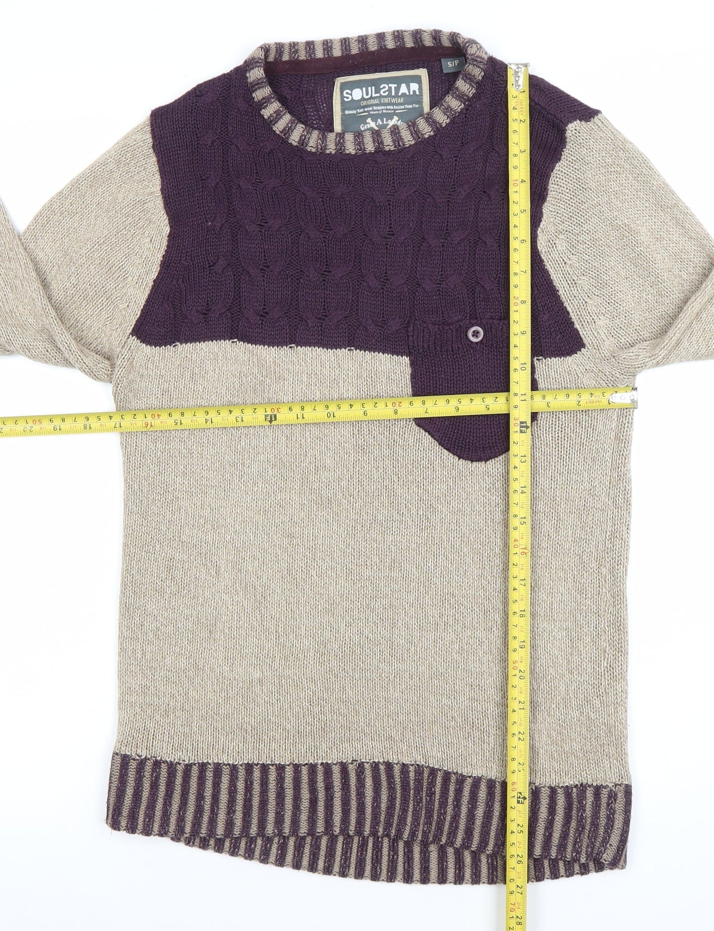 Soulstar Women’s Beige & Purple Cable-Knit Jumper Size S Long Sleeve Pullover