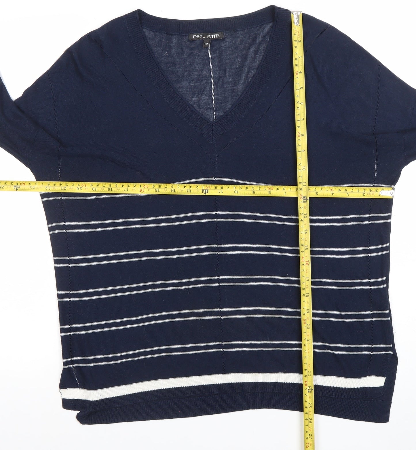 Next Petite Women's Blue Striped V-Neck Knit Top Size 14