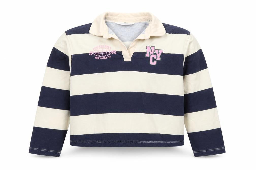 Front view of H&M girls’ blue beige striped long sleeve polo top 10-12 years