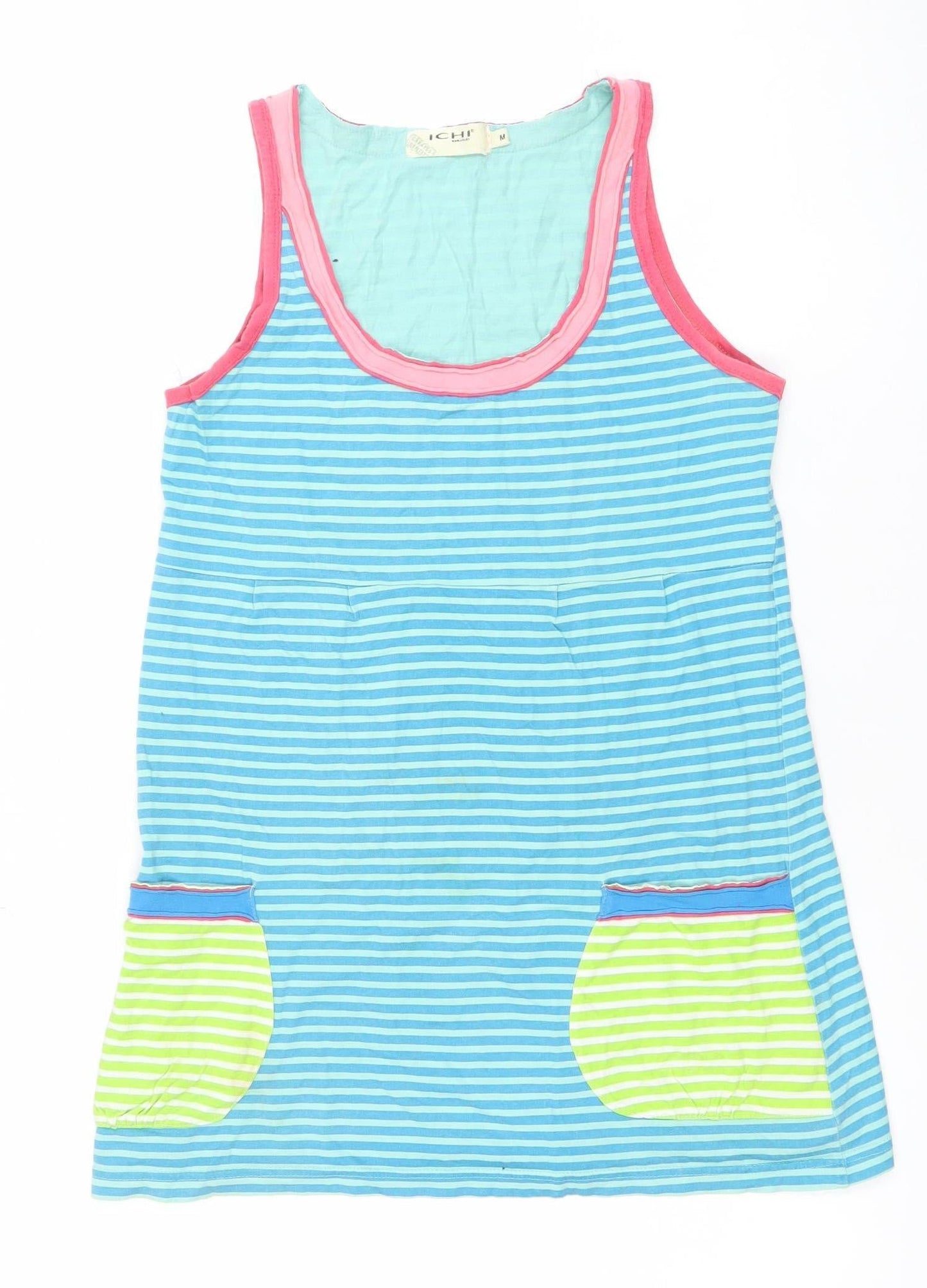 ICHI Women Blue Striped Cotton Sleeveless Tank Top M