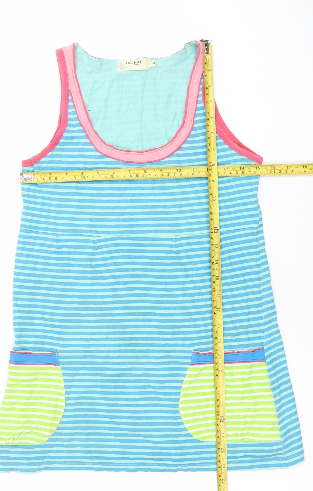 ICHI Women Blue Striped Cotton Sleeveless Tank Top M
