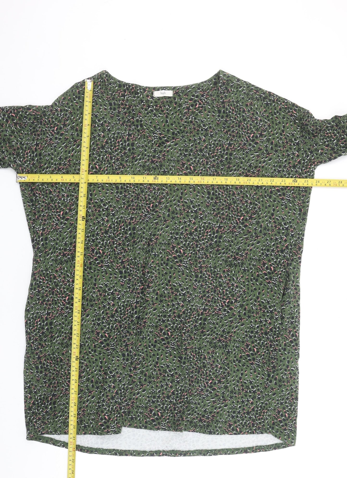Hush Women Green Abstract Shift Dress Size 12 3/4 Sleeve Bohemian Style