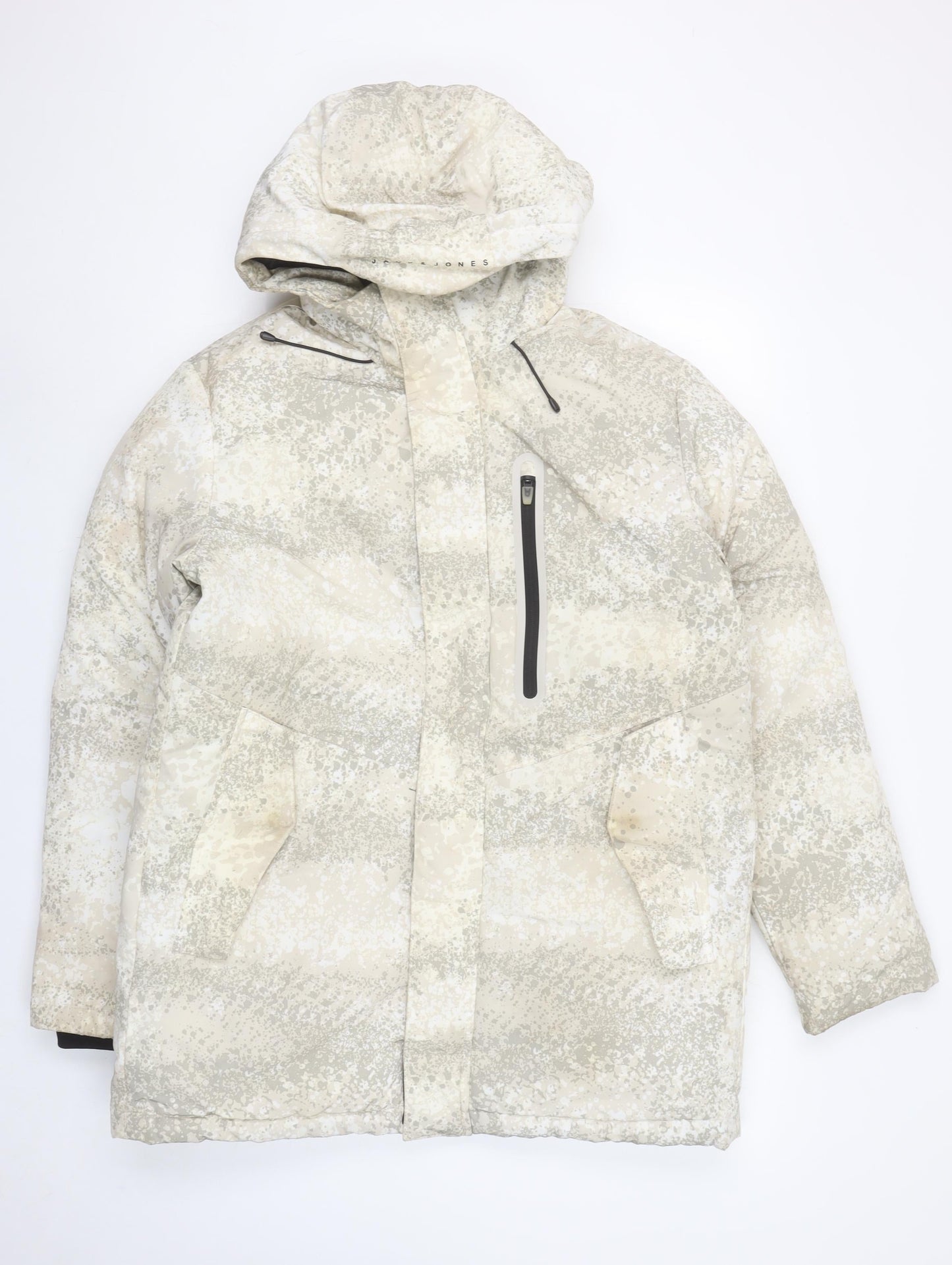 Jack & Jones Mens Beige Camouflage Hooded Puffer Jacket Size M