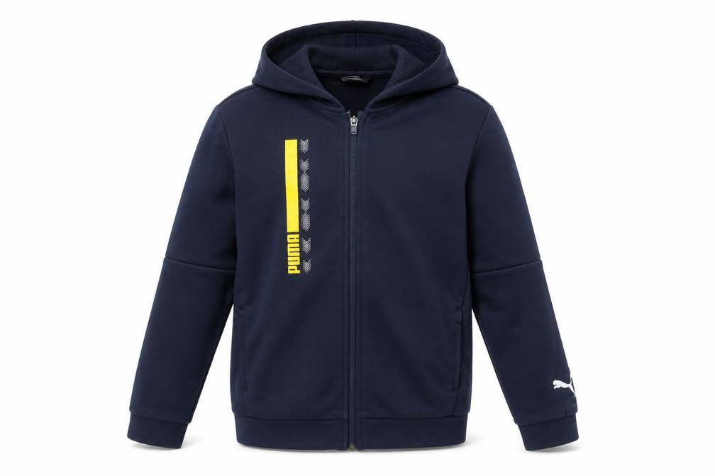 Front view of Puma boys’ navy blue full zip hoodie 15-16 years cotton blend logo design