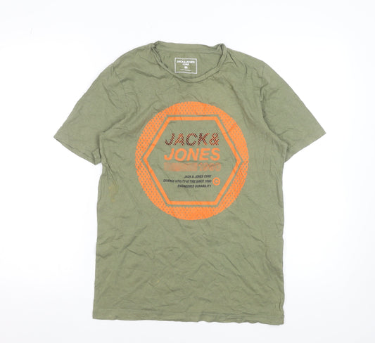 Jack & Jones Men's Green Graphic Print Cotton T-Shirt Size S