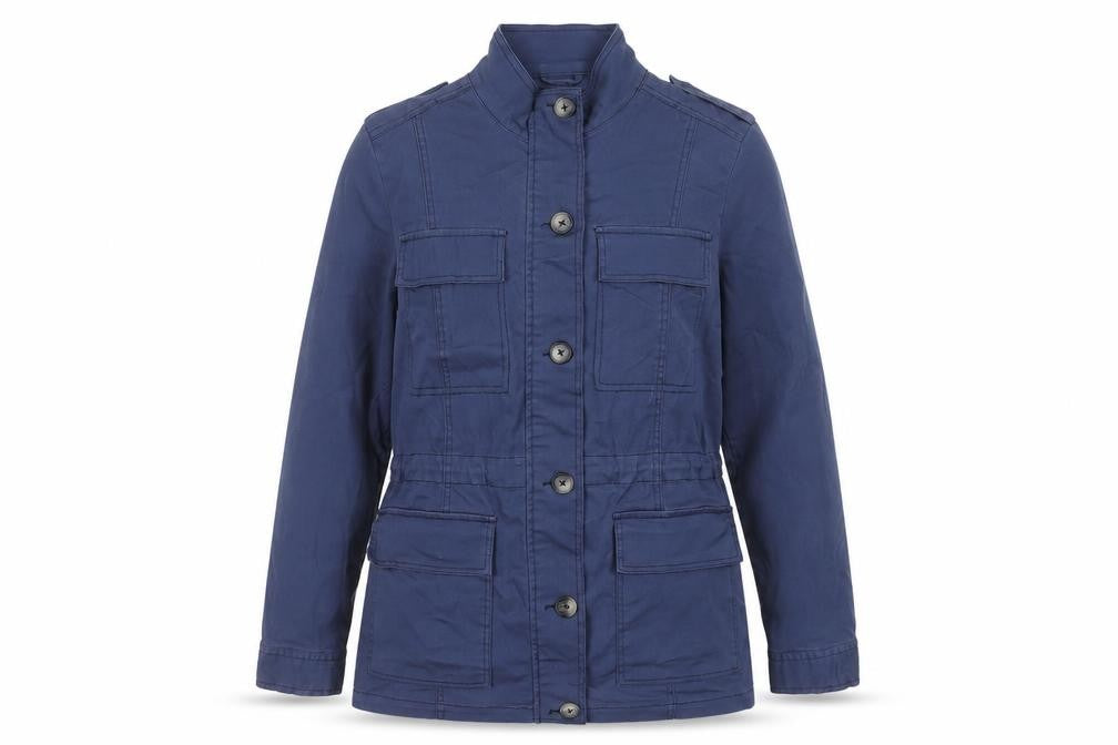 Front view of JD Williams Women's Blue Cotton Military Jacket, size 16