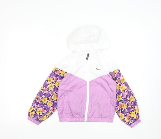 Nike Girls White Pink Floral Windbreaker Jacket Hooded 5-6 Years Polyester