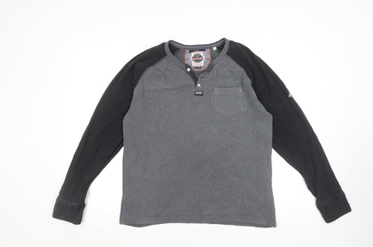 Superdry Men's Grey Long Sleeve Henley Cotton T-Shirt Size L