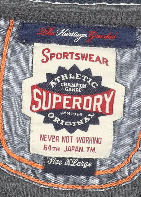 Superdry Men's Grey Long Sleeve Henley Cotton T-Shirt Size L