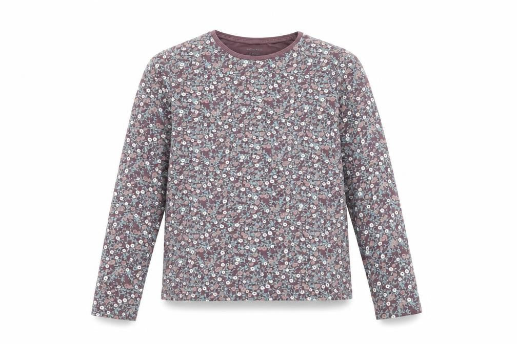 Front view of NAME IT girls’ purple floral long sleeve organic cotton t-shirt 11-12 years