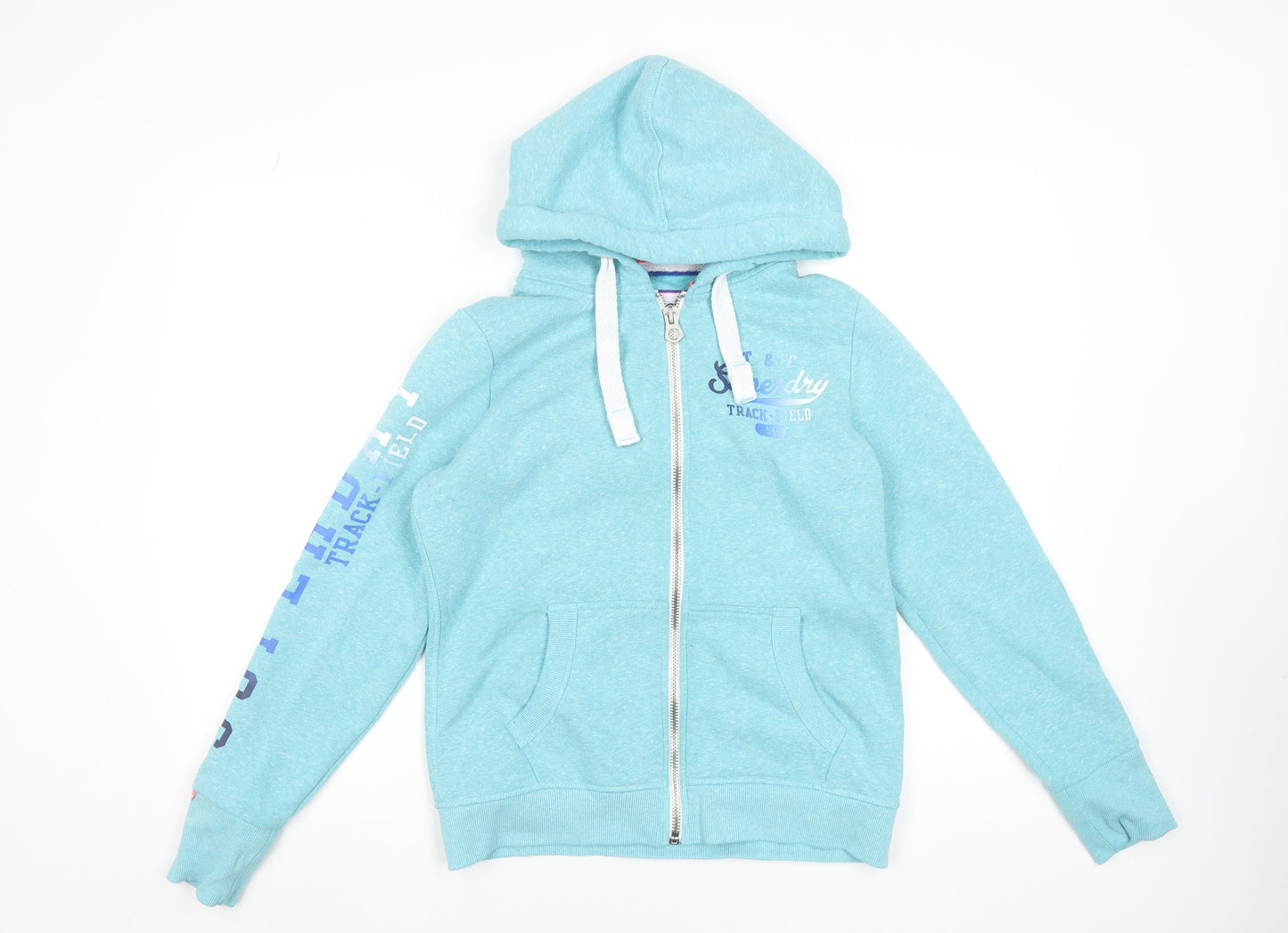 Superdry Women’s Blue Full Zip Hoodie Size 14 L Track & Field Print