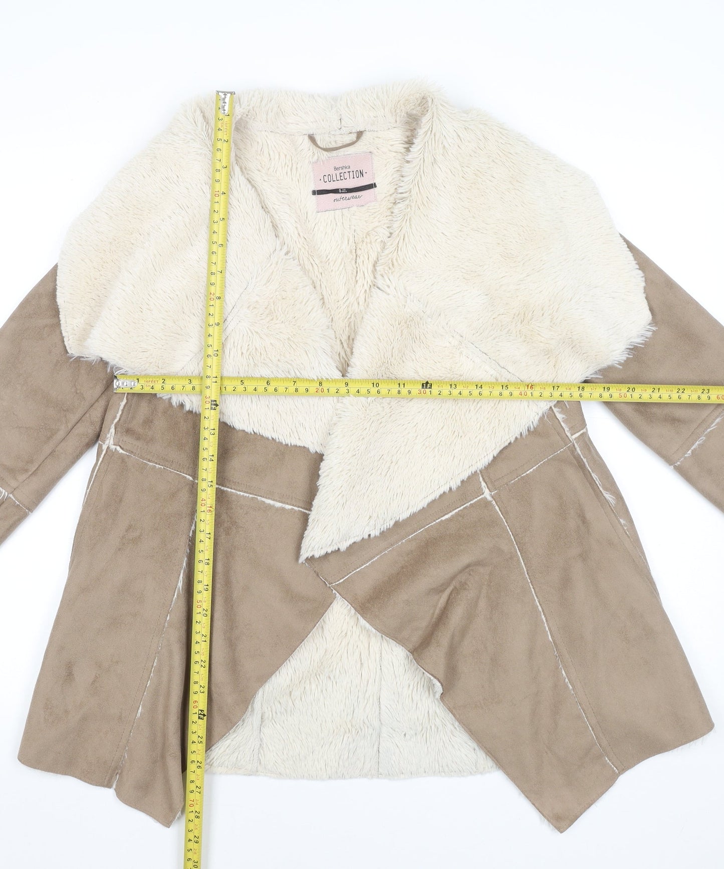 Bershka Women's Beige Faux Shearling Open Front Jacket Size S