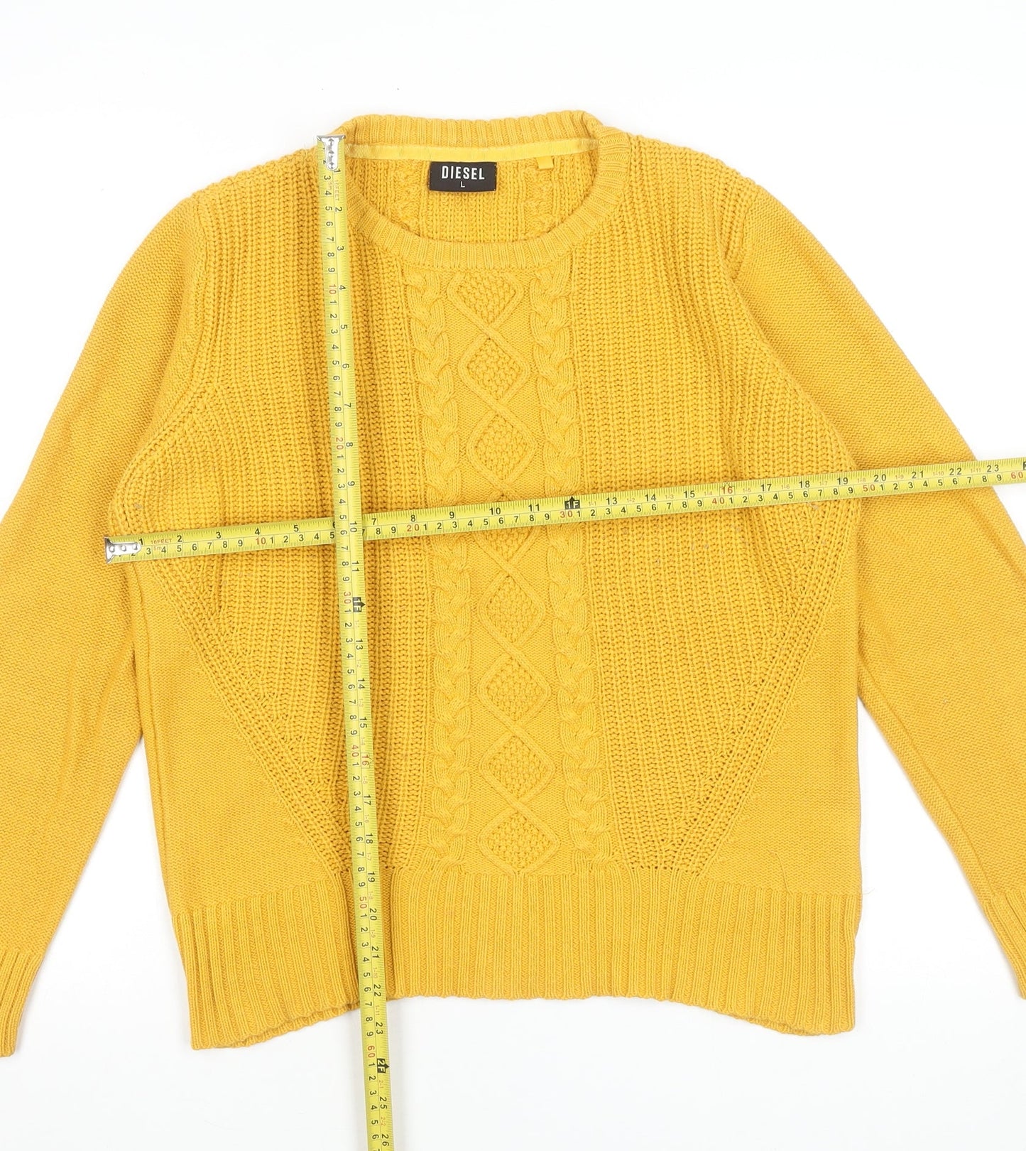 Diesel Women's Yellow Cable-Knit Cotton Blend Pullover Jumper L