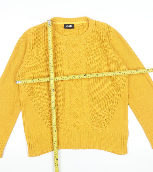 Diesel Women's Yellow Cable-Knit Cotton Blend Pullover Jumper L