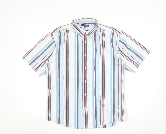 Tommy Hilfiger Men's Blue Striped Button-Down Shirt Size 16 Regular Cotton