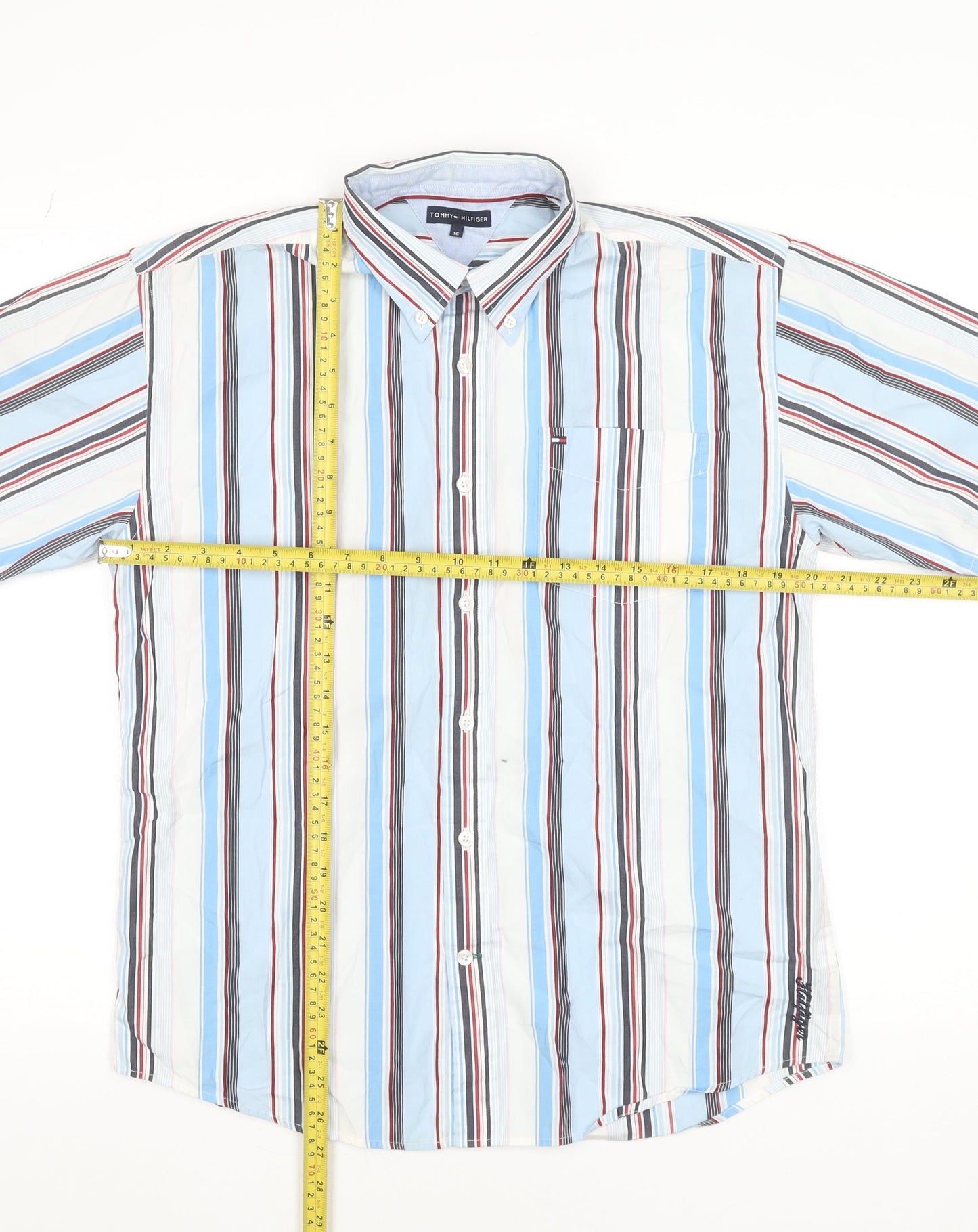 Tommy Hilfiger Men's Blue Striped Button-Down Shirt Size 16 Regular Cotton