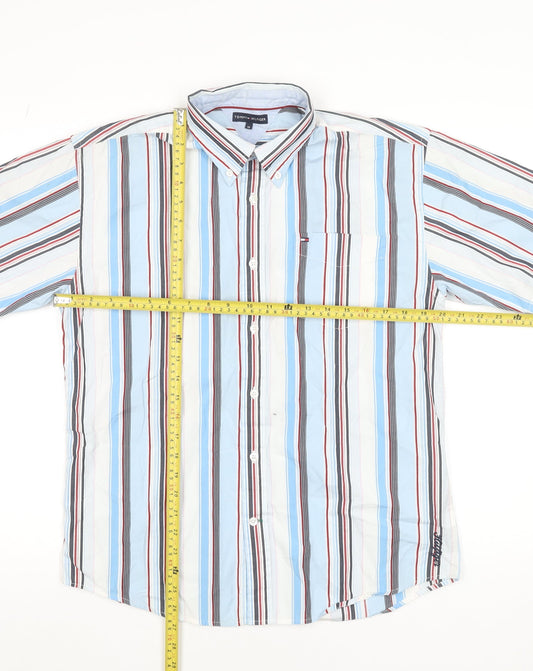 Tommy Hilfiger Men's Blue Striped Button-Down Shirt Size 16 Regular Cotton