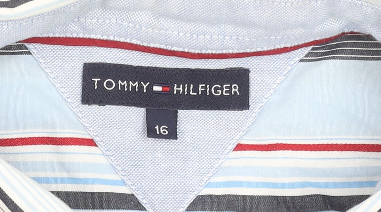 Tommy Hilfiger Men's Blue Striped Button-Down Shirt Size 16 Regular Cotton