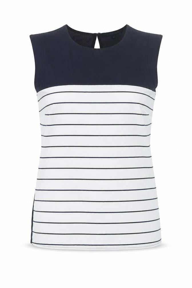 Front view of French Connection Women's Blue Striped Sleeveless Blouse, size S