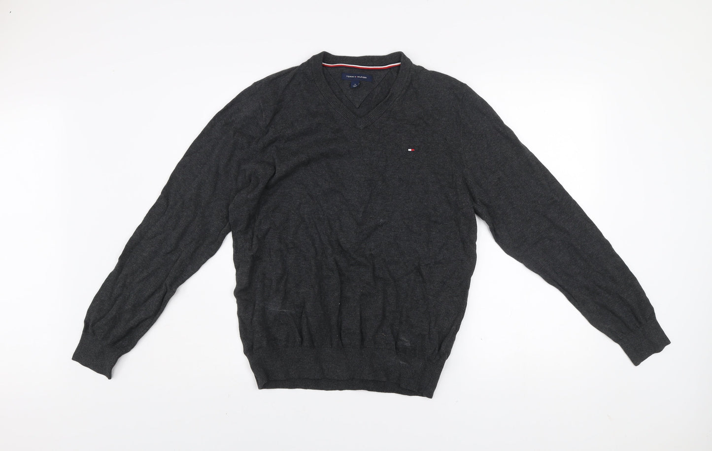 Tommy Hilfiger Men's Grey Cotton V-Neck Jumper Size M