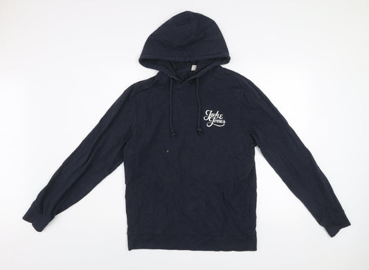 Jack & Jones Mens Blue Pullover Hoodie Medium Graphic Logo Cotton Blend