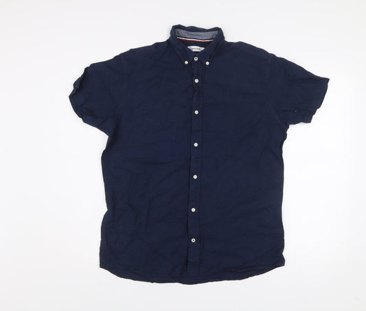 Jack & Jones Men's Blue Linen Blend Short Sleeve Button-Up Shirt Size M