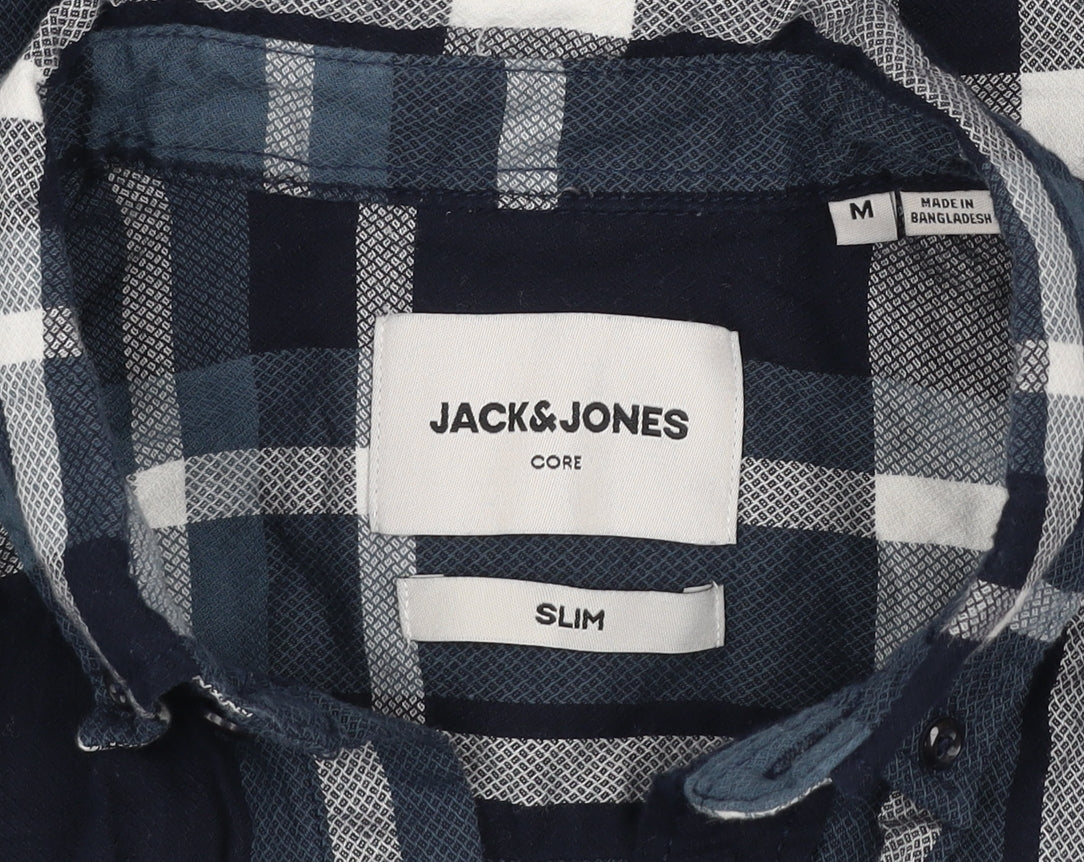 Jack & Jones Men's Blue Check Slim Fit Long Sleeve Button-Up Shirt Size M
