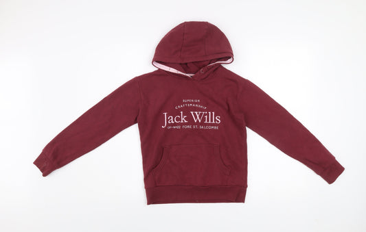 Jack Wills Girls Red Pullover Hoodie 9-10 Years Fleece Cotton Logo Sweatshirt