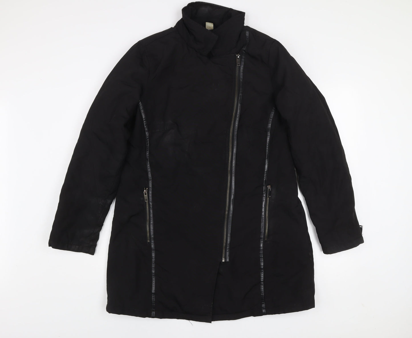 MS Mode Women's Black Long Zip Up Overcoat Size 42 Regular Fit